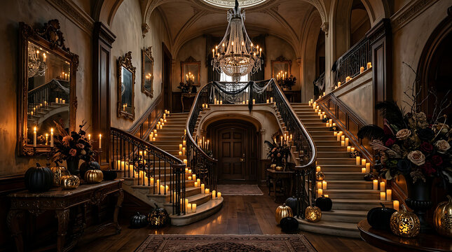 Luxurious grand staircase in opulent mansion. Elegant interior design with warm lighting and ornate decor.