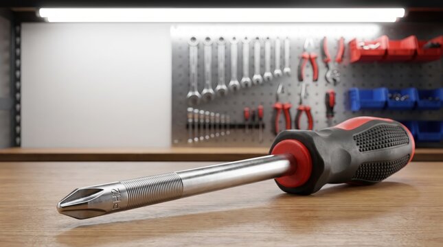 Phillips screwdriver on a workbench for furniture assembly and home repair, DIY maintenance, workshop tools, practical craftsmanship.