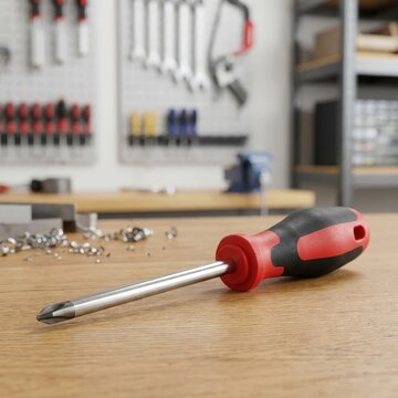 Phillips screwdriver on a workbench for furniture assembly and home repair, DIY maintenance, workshop tools, practical craftsmanship.
