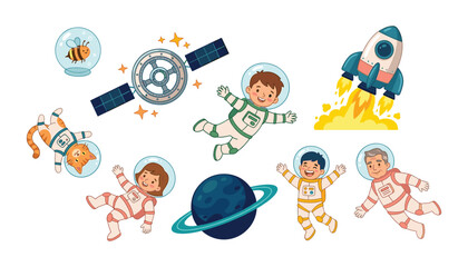 PrintCute children astronauts floating in outer space with rocket ship satellite planet cat bee cartoon vector set © Ruma