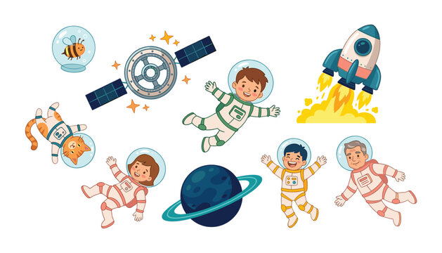 PrintCute children astronauts floating in outer space with rocket ship satellite planet cat bee cartoon vector set