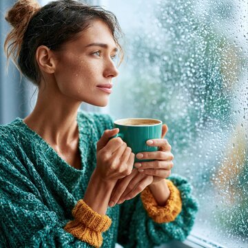 Woman enjoys a warm drink while looking out at rain through a window on a chilly day