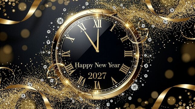 Black and gold New Year's Eve banner featuring a clock striking midnight and "Happy New Year 2027" wishes.