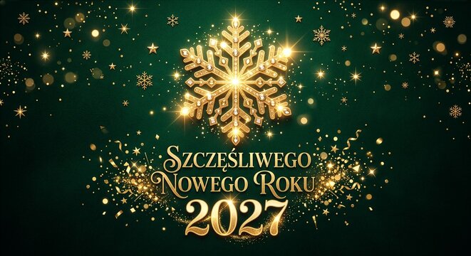 Noworoczny zielono-złoty baner z życzeniami Szczęśliwego Nowego Roku 2027, płatkami śniegu, gwiazdkami