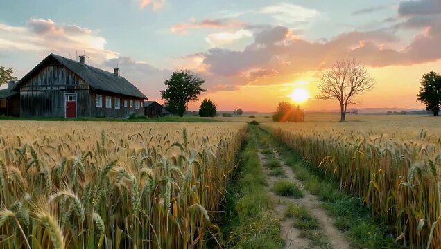 Minimalist 4K graphic animation featuring a peaceful stylized illustration of golden grain stalks waving beneath a warm twilight sky building a comforting and meditative background loop for lifestyle