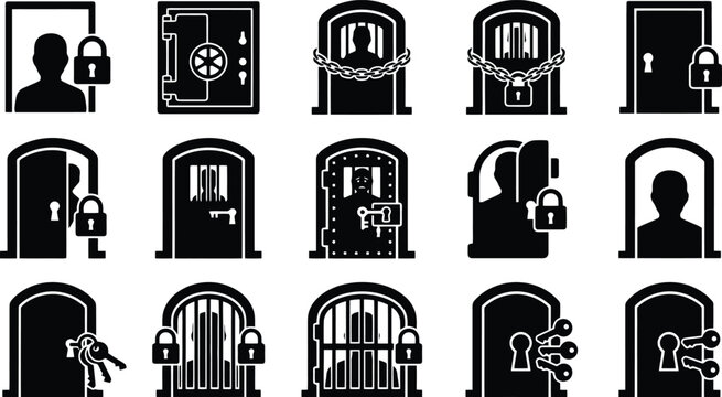 Black Prison Cell Door and Locked Gate Icon Set Vector for Security Apps, Legal Documents & Justice Infographics (EPS)