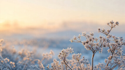 Obraz premium Frosted winter meadow plants in soft sunrise light