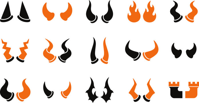 Set of various devil horn icons featuring black and flaming orange designs for halloween and fantasy character art