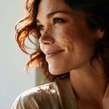 Woman with curly hair and freckles looking out of a window in a bright room during the day