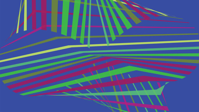 Complex abstract web of straight intersecting lines forming rhythmic network pattern in vibrant shades against solid blue background for media.