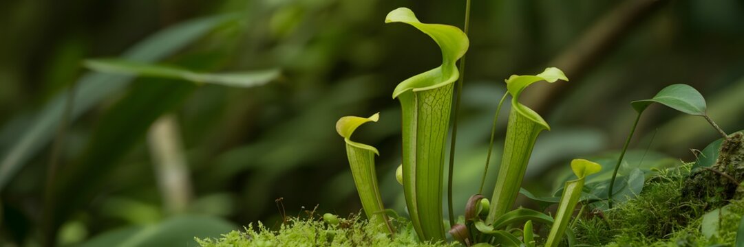 Group of vibrant green carnivorous pitcher plants growing in a lush natural environment