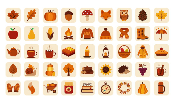 Autumn vector icon set in flat style. Collection of fall symbols including leaves, pumpkin, fox, owl, cozy sweater, warm tea, umbrella, acorns, mushrooms, and seasonal elements on rounded tiles.
