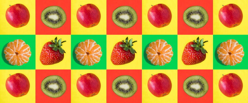 Collage of berry and fruit on a colored background. Pattern.