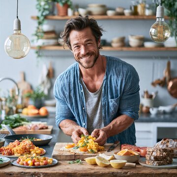 Man prepares food in a cozy kitchen with fresh ingredients on a wooden table