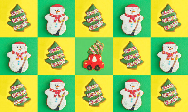 Christmas collage. Christmas gingerbread on a colored background. Pattern.