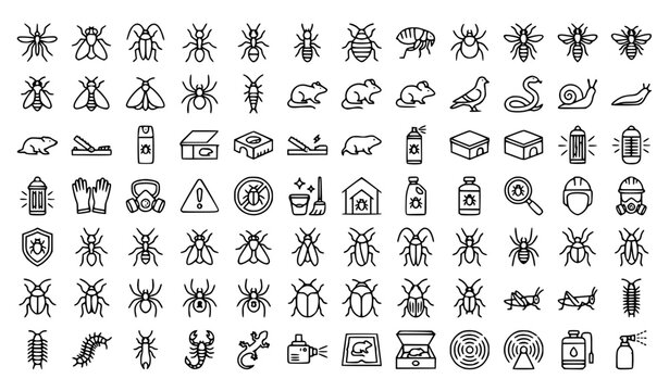 Pest Control Linear Icons Set with Extermination and Harmful Insect Editable Stroke Vector Collection