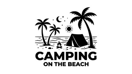 Black and white illustration of a tent and campfire on a tropical beach at night © Chadni