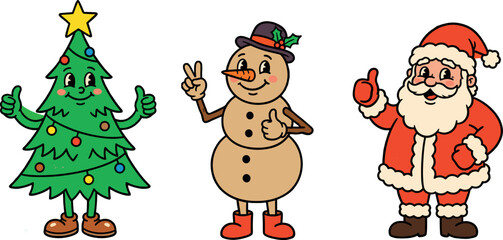 Fototapeta premium Cute Retro Cartoon Christmas Characters Set Featuring Santa Snowman and Decorated Tree Mascot
