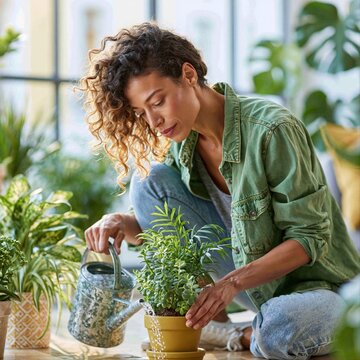 Woman waters a plant in a bright room filled with green plants during the day