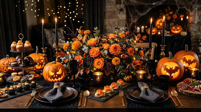 Halloween Party Table with Jack-o'-Lanterns and Autumn Decor. Festive celebration scene with candles and seasonal flowers.