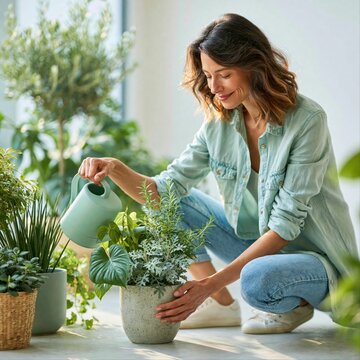 Woman watering plants in a bright room filled with green plants on a sunny day