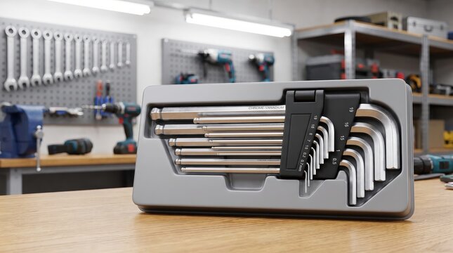 Hex key tool set organized in a workshop for bicycle repair and home maintenance, DIY toolkit, technical craftsmanship, precision tools.