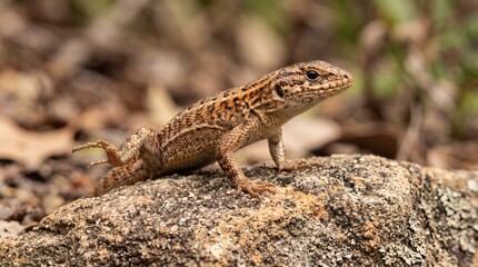Fototapeta premium Small brown lizard perched on a textured rock in natural light.