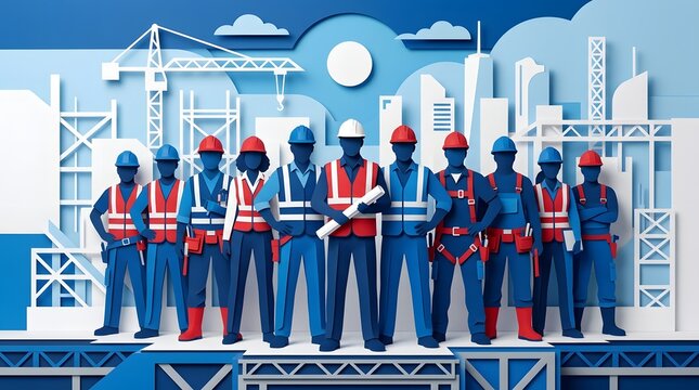 Group of professional construction workers wearing safety uniforms standing at work site.