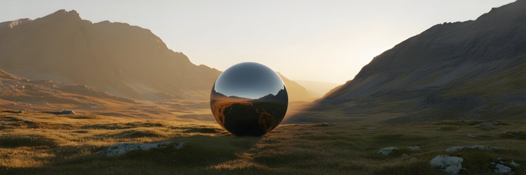 Majestic reflective egg sculpture standing tall in a vibrant mountain valley under a bright morning sky
