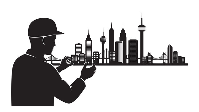 Construction worker inspecting modern city skyline development with bridge and skyscrapers in urban planning concept