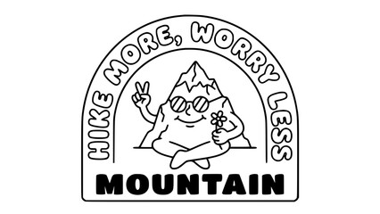 Retro mountain character illustration with peace sign and flower for hiking and outdoor adventure themes © Chadni