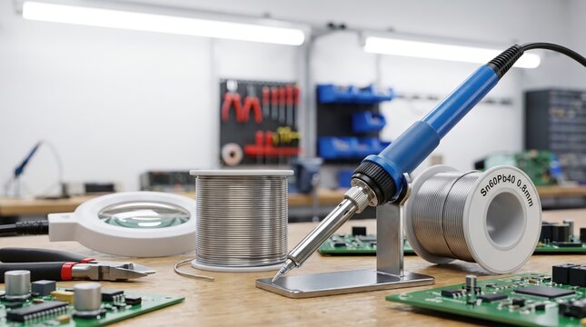 Soldering tools and electronic components on a repair bench for circuit board assembly, electronics repair, technical maintenance, engineering workspace.