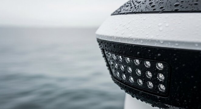 Extreme macro photography reveals a boat's navigation light array covered in raindrops on a body of water.