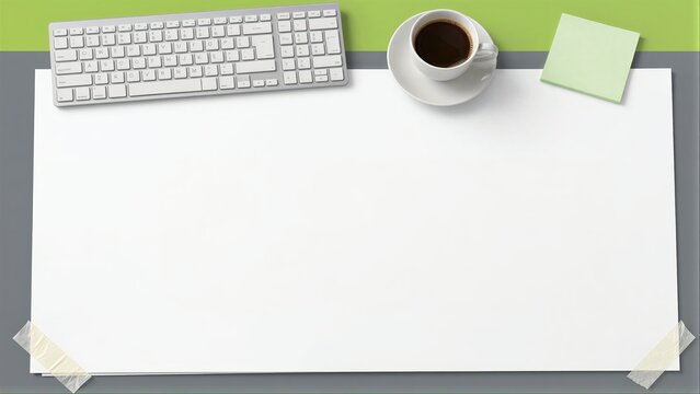 Keyboard, coffee cup, and sticky notes on a clean white desk surface.