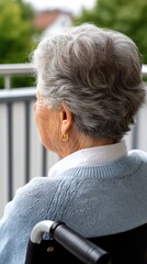Fototapeta premium Elderly woman in wheelchair looking at a bright landscape from a balcony