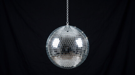 Fototapeta premium Silver disco ball hanging against dark backdrop.