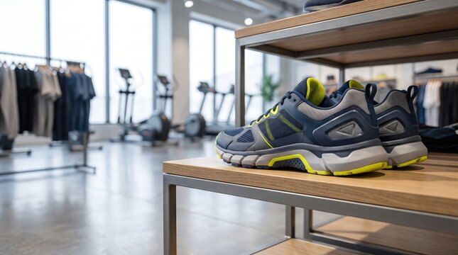 Running shoes displayed in a sports store for fitness training and active lifestyle, athletic footwear, retail shopping, performance gear.