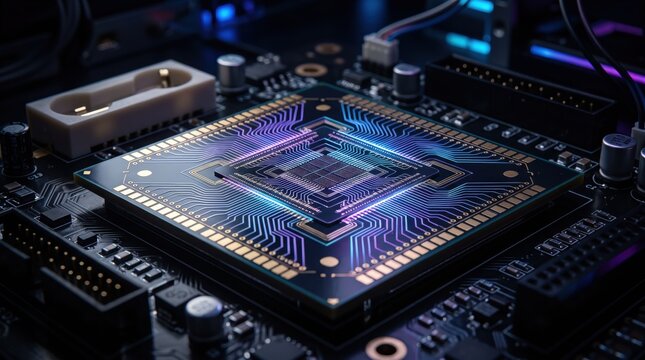 Closeup of glowing microprocessor chip on circuit board, CPU processor unit, computer hardware technology, electronic component, artificial intelligence, high performance comput...