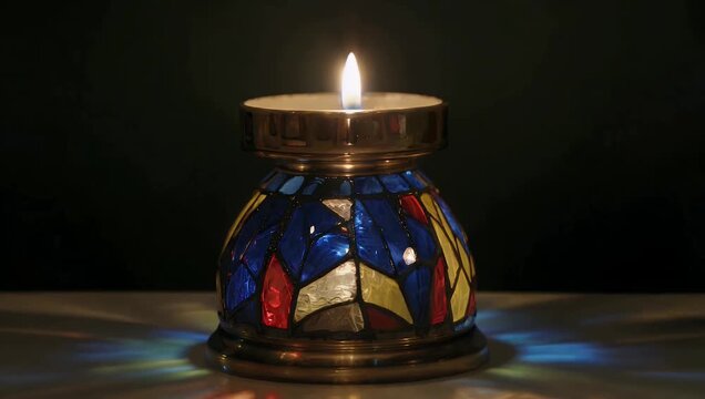 Romantic 4K intimate lighting close up focusing on a flameless LED candle glowing and flickering inside an ornate stained glass votive holder casting warm colorful patterns across a dark wooden table