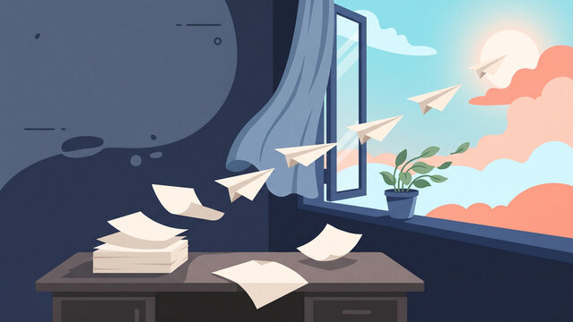 Office Papers Fly Through Open Window Into Friday Sky