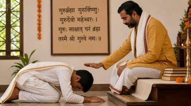 Indian guru blessing a student bowing on floor in traditional ashram