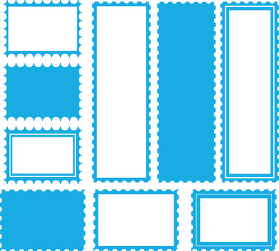 Blue Blank Postage Stamp Templates Vector Set, Perforated Stamp Frames Collection for Design.