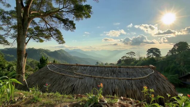 Atmospheric 4K travel b roll filmed from beneath a rustic thatched veranda roof looking out at a vast sun drenched valley landscape stretching toward a misty mountain horizon under spectacular