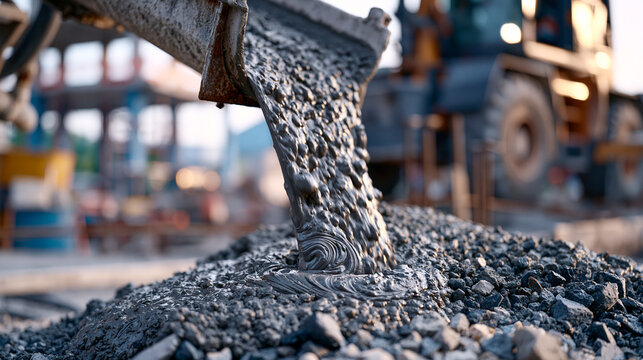 Fresh gray liquid cement pouring from a concrete mixer chute onto a construction site, detailed flowing texture with swirling patterns and realistic viscosity, industrial building material concept, 