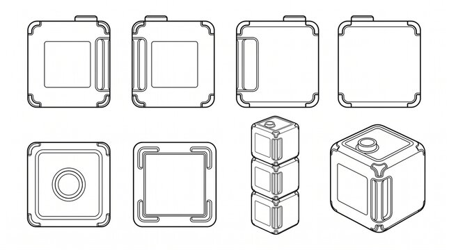 Square Industrial Canister Vector Outline Set with Orthographic and Isometric Views