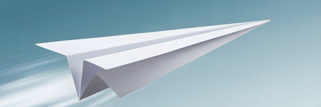 Simple white paper airplane flying high in a clear gradient blue sky with motion trails