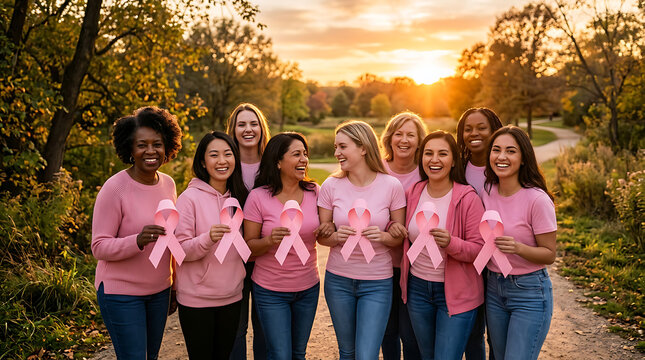 Group of diverse women celebrating outdoors at sunset. Female friends enjoying nature and friendship.