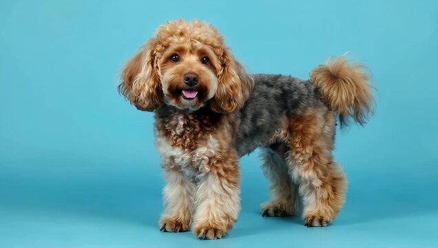 Adorable 4K studio pet video focusing on a fluffy chocolate brown poodle standing against a solid neon blue background capturing its sweet floppy ears glistening black eyes and highly expressive