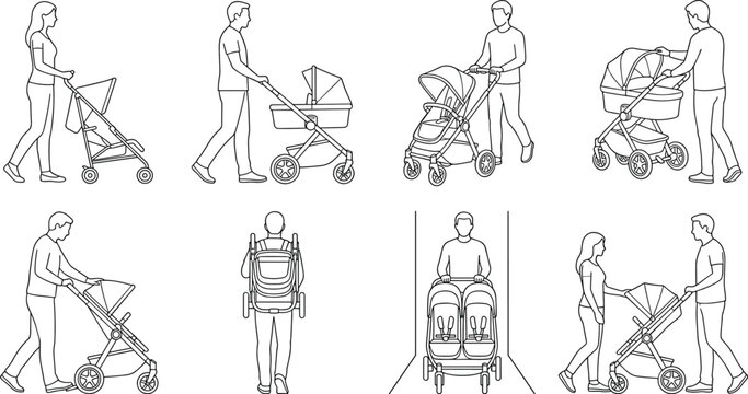 Black and white line drawing collection of parents pushing baby strollers