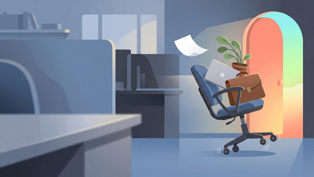 Office Chair Rolls Toward a Glowing Weekend Exit
